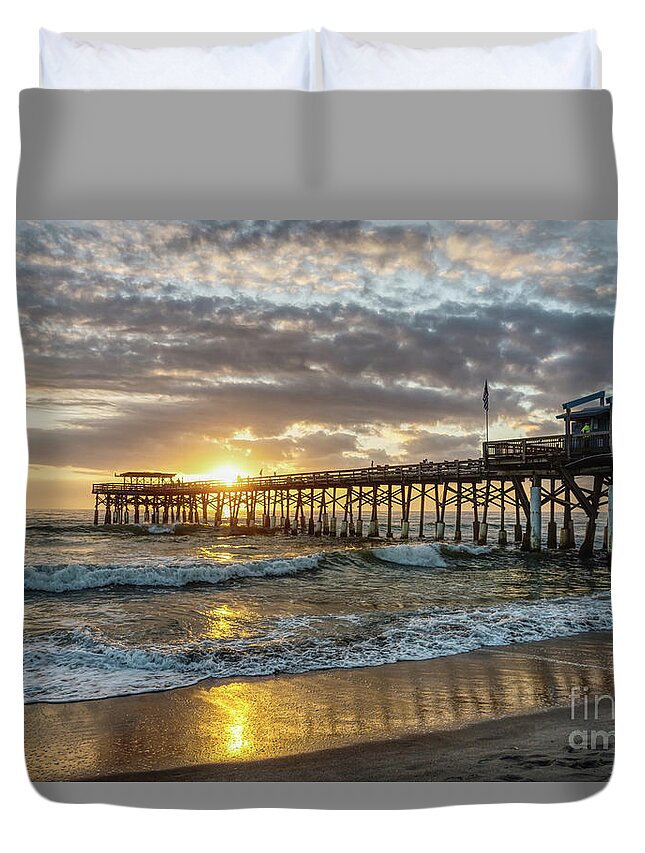Cocoa Beach Duvet Cover featuring the photograph Cocoa Pier 1st Sunrise 2017 by Jennifer White