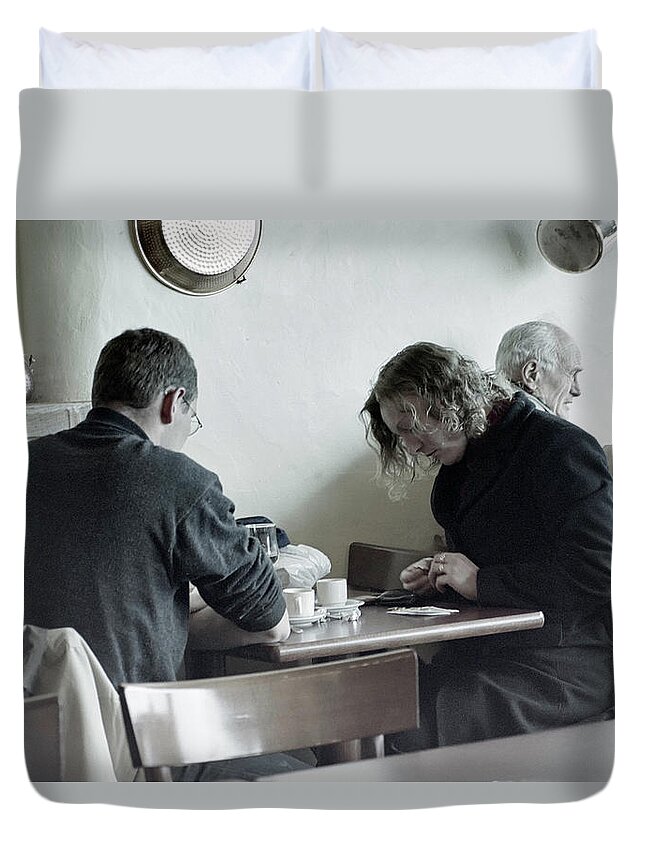 France Duvet Cover featuring the photograph Coffee shop couple by Paul Vitko