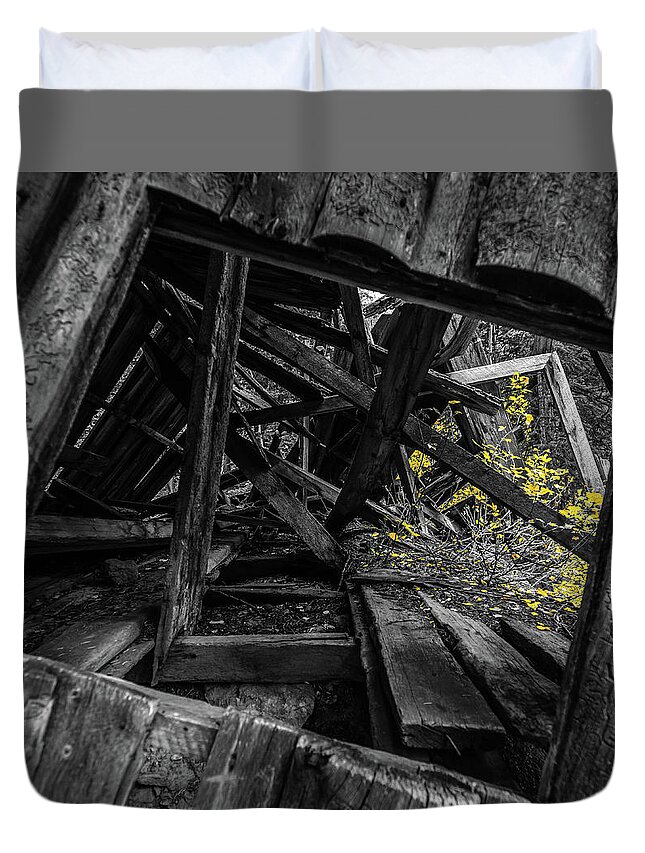 Abstract Duvet Cover featuring the photograph Collapsed mountain cabin by Bradley Morris