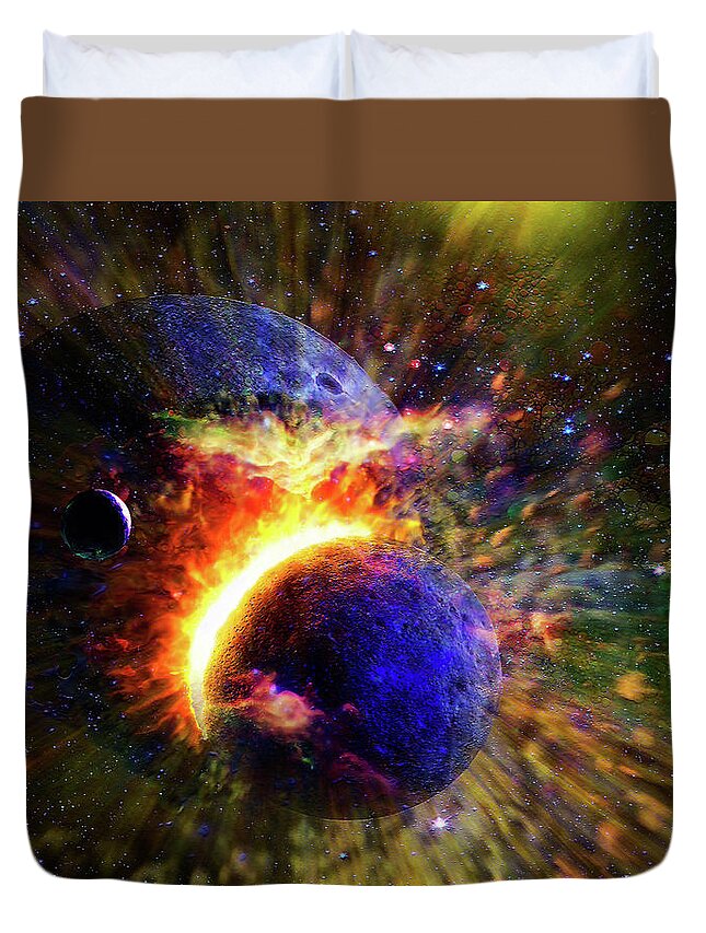  Duvet Cover featuring the digital art Collision of Planets in Space by Don White Artdreamer