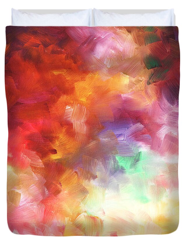 Abstract Duvet Cover featuring the painting Colorful Abstract Background Painting Beautiful Brushstroke Art by Duncanson Red Yellow Purple Pink by Megan Aroon