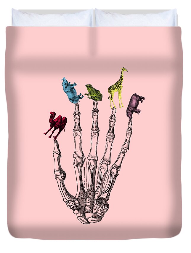 Hand Duvet Cover featuring the digital art Colorful animals on creepy fingertips by Madame Memento