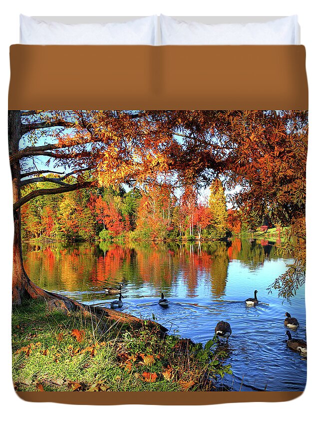 North Carolina Duvet Cover featuring the photograph Colorful Autumn on the Lake by Dan Carmichael