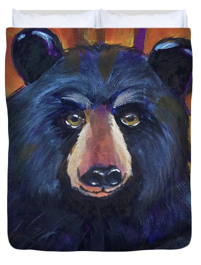 Stylized Black Bear Duvet Cover featuring the painting Colorful Black Bear by Jeanette Mahoney