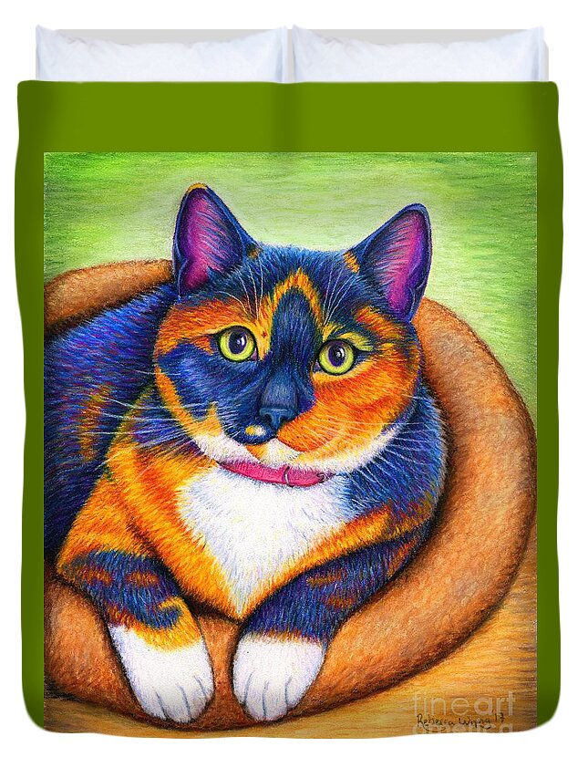 Cat Duvet Cover featuring the drawing Colorful Calico Cat by Rebecca Wang