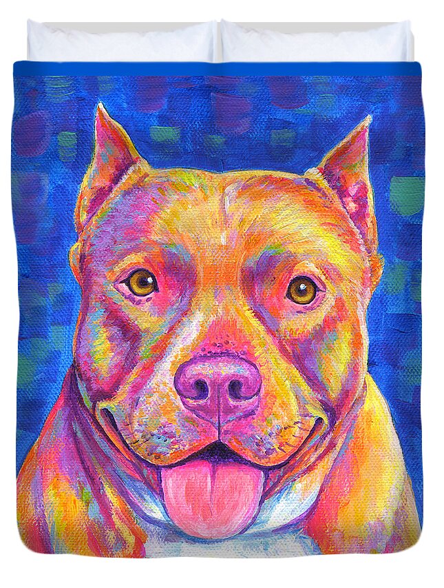 Pitbull Duvet Cover featuring the painting Colorful Pitbull Dog by Rebecca Wang