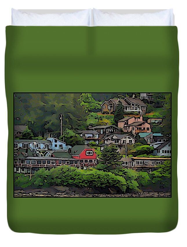 Digital-painting Duvet Cover featuring the digital art Colorful Coastal Homes by Bonnie Bruno