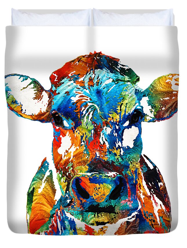 Bull Duvet Cover featuring the painting Colorful Cow Art - Mootown - By Sharon Cummings by Sharon Cummings