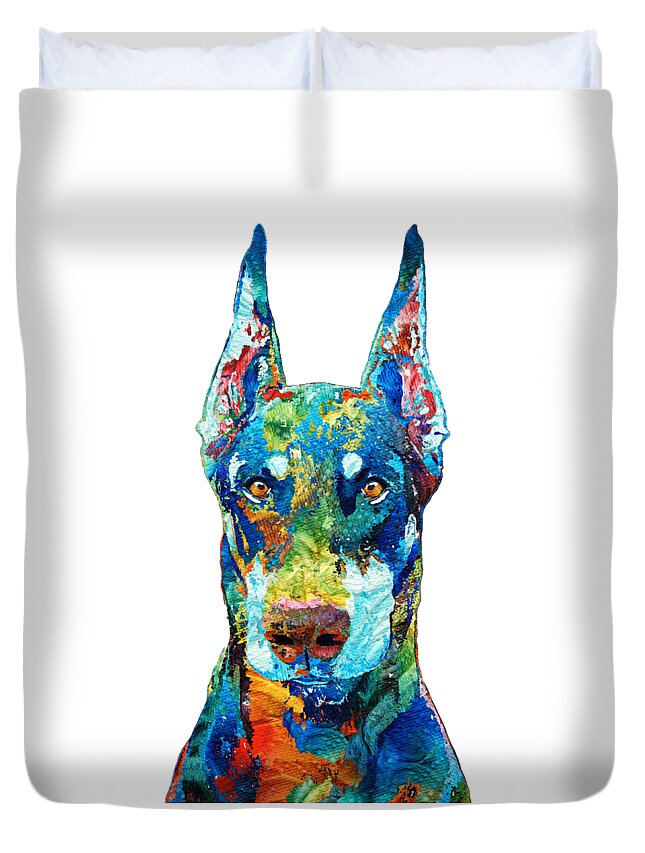 Doberman Pinscher Duvet Cover featuring the painting Colorful Doberman by Sharon Cummings by Sharon Cummings