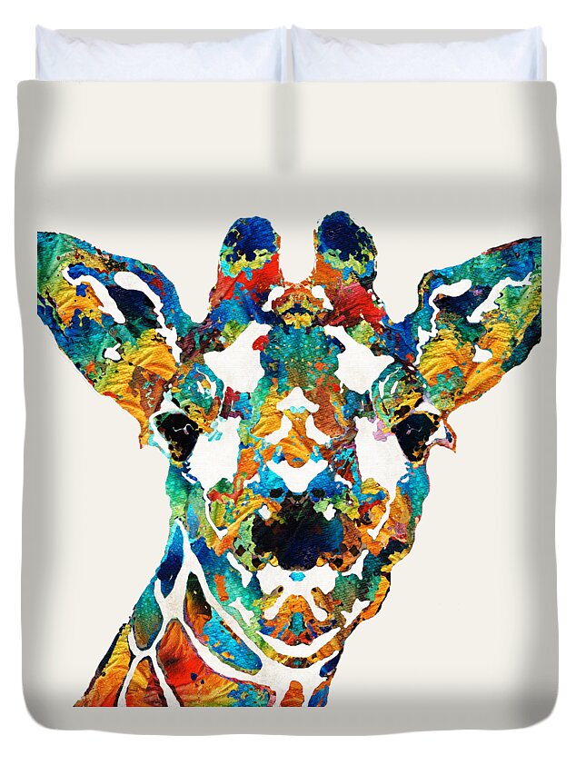 Giraffe Duvet Cover featuring the painting Colorful Giraffe Art - Curious - By Sharon Cummings by Sharon Cummings