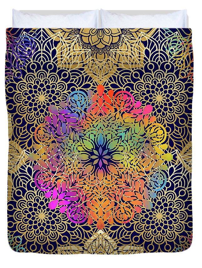 Mandala Duvet Cover featuring the digital art Colorful Gold Mandala Pattern in Black Background by Sambel Pedes