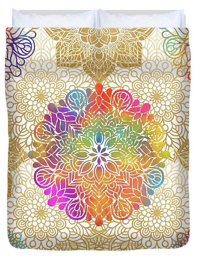 Mandala Duvet Cover featuring the digital art Colorful Gold Mandala Pattern by Sambel Pedes