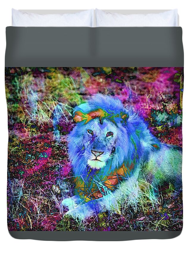 Lion Duvet Cover featuring the digital art Colorful Lion King by Russel Considine