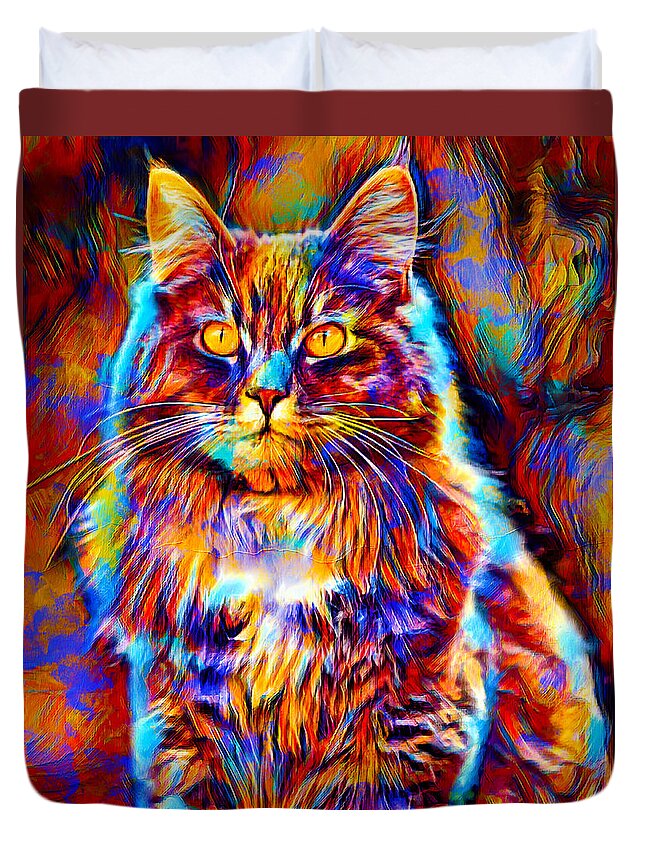 Maine Coon Duvet Cover featuring the digital art Colorful Maine Coon cat sitting - digital painting by Nicko Prints