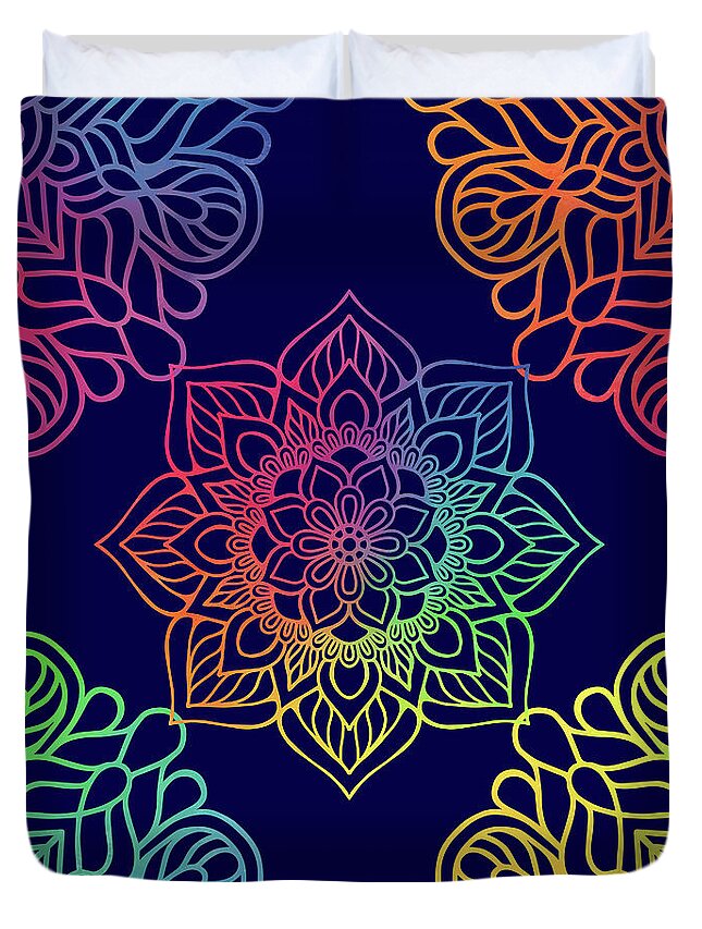 Mandala Duvet Cover featuring the digital art Colorful Mandala Pattern In Blue Background by Sambel Pedes