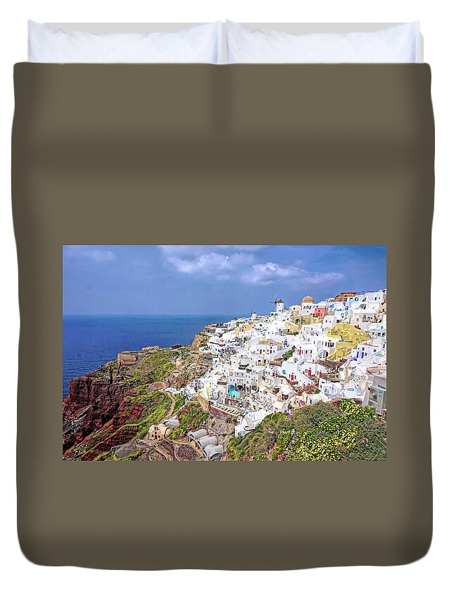 Santorini Duvet Cover featuring the photograph Colorful Oia Santorini by Yvonne Jasinski