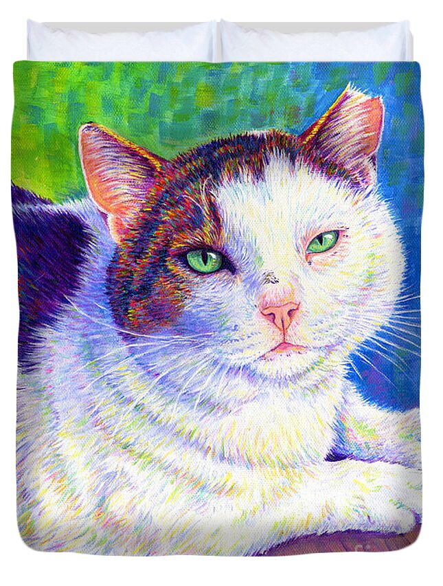 Cat Duvet Cover featuring the painting Colorful Pet Portrait - MC the Cat by Rebecca Wang