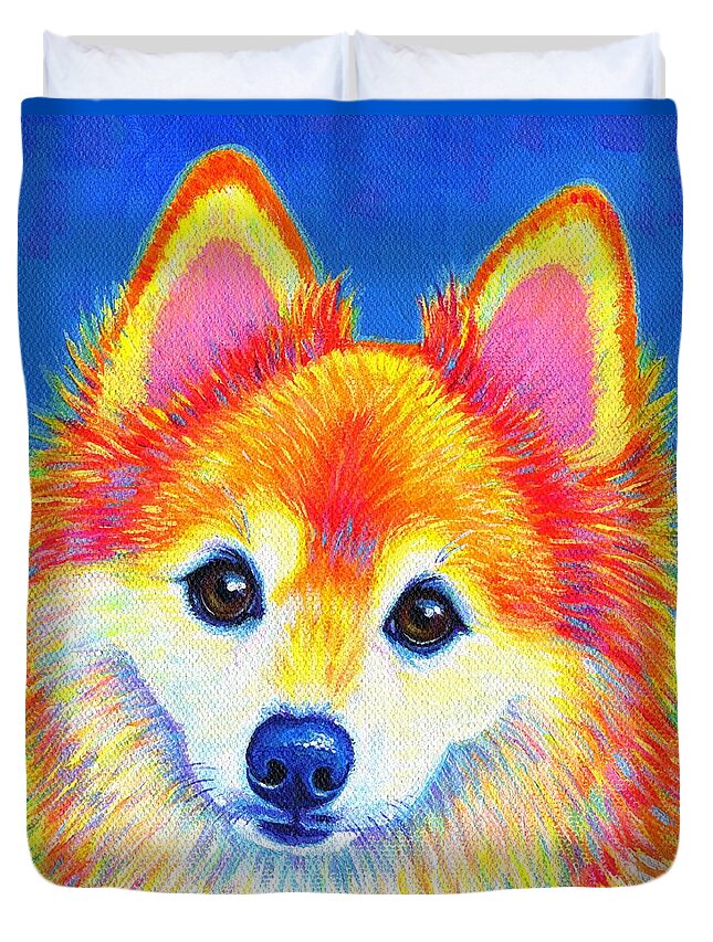 Pomeranian Duvet Cover featuring the painting Colorful Pomeranian Portrait - Sunshine by Rebecca Wang