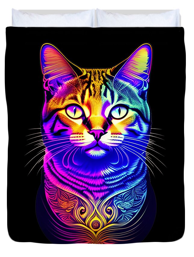 Cool Duvet Cover featuring the digital art Colorful Psychedelic Cat by Flippin Sweet Gear