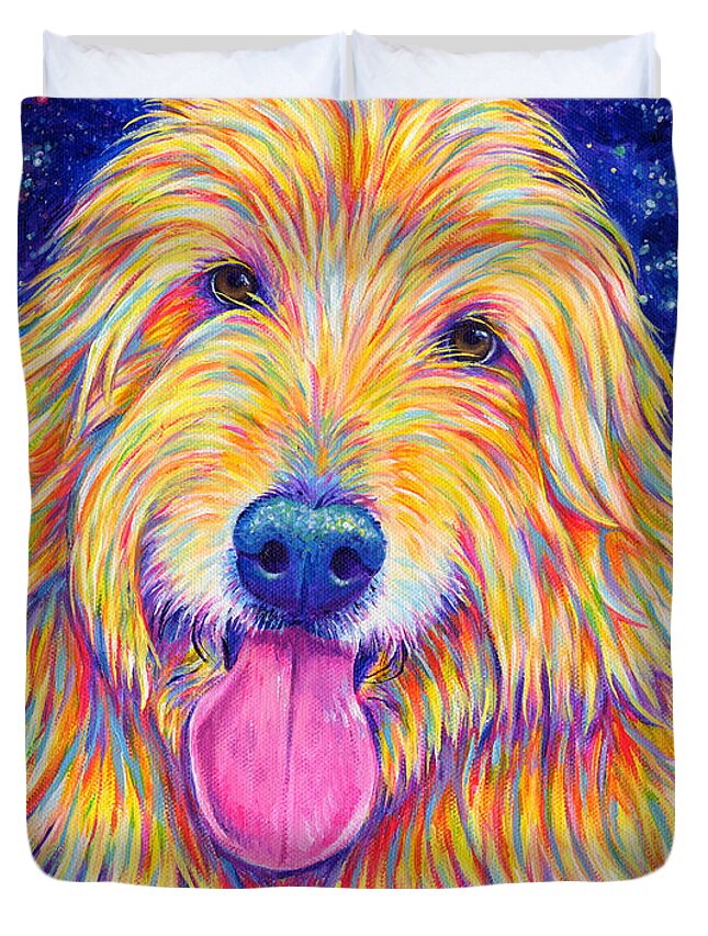 Goldendoodle Duvet Cover featuring the painting Colorful Rainbow Goldendoodle by Rebecca Wang