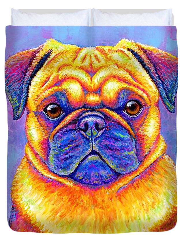 Pug Duvet Cover featuring the painting Colorful Rainbow Pug Dog Portrait by Rebecca Wang
