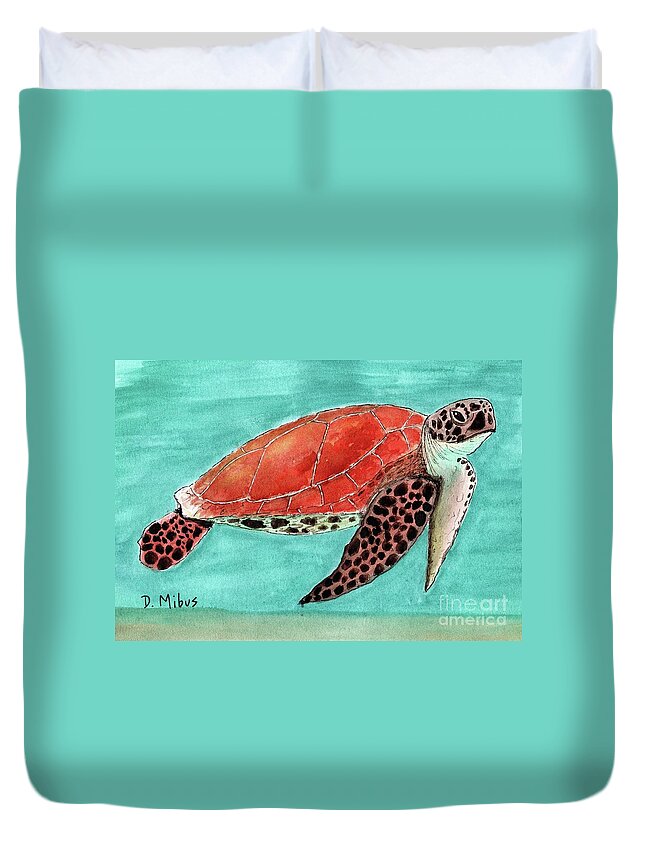 Sea Turtle Duvet Cover featuring the painting Colorful Sea Turtle in Blue Green Water by Donna Mibus
