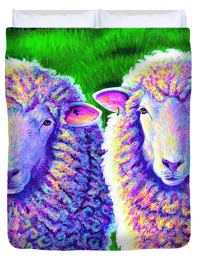 Sheep Duvet Cover featuring the painting Colorful Sheep Portrait - Charlie and Curtis by Rebecca Wang