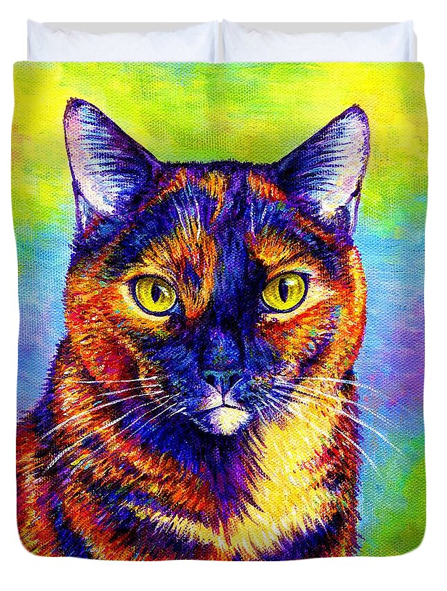 Cat Duvet Cover featuring the painting Colorful Tortoiseshell Cat by Rebecca Wang