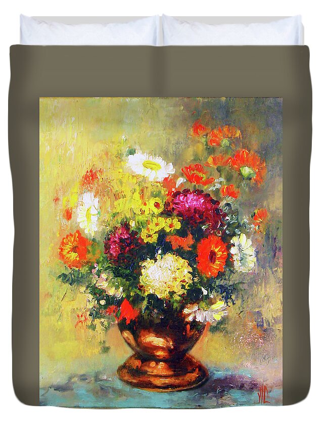 Vivid Duvet Cover featuring the painting Coloroful zinnias bouqet by Vali Irina Ciobanu