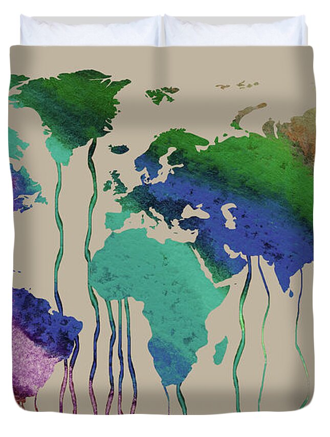 World Map Duvet Cover featuring the painting Colors On Beige Watercolor World Map Silhouette by Irina Sztukowski