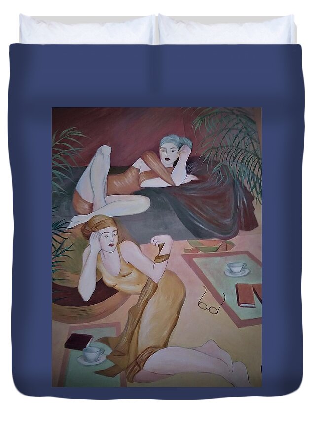 Art Deco Duvet Cover featuring the painting 'Comforts of Home' by Vivian Aaron