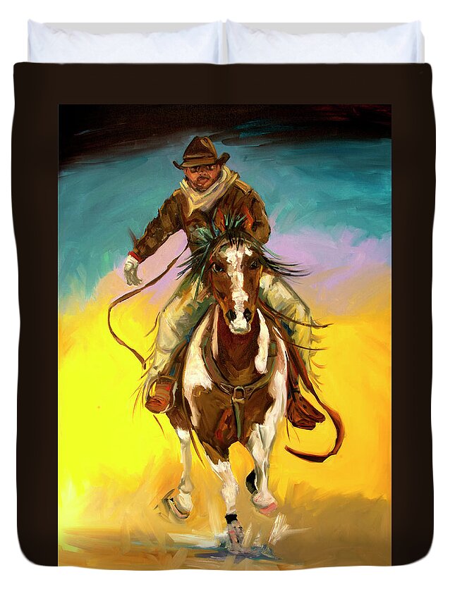 Cowboy Duvet Cover featuring the painting Coming at You by Diane Whitehead