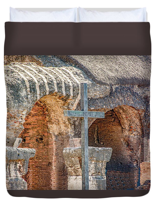 Italy Duvet Cover featuring the photograph Commemorative Cross in the Roman Coliseum by Marcy Wielfaert