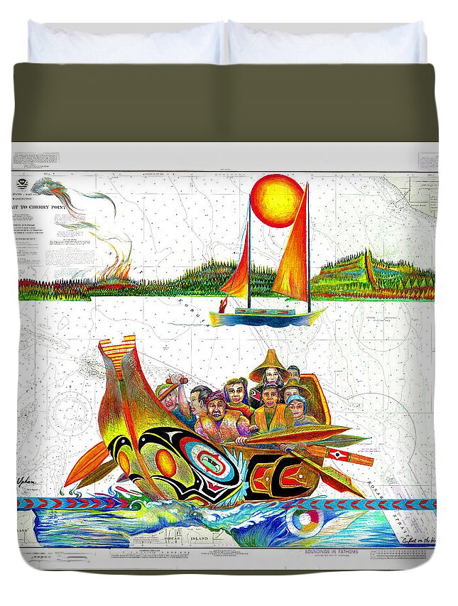 Canoe Journey Duvet Cover featuring the drawing Conflict on the Horizon by Robert Running Fisher Upham