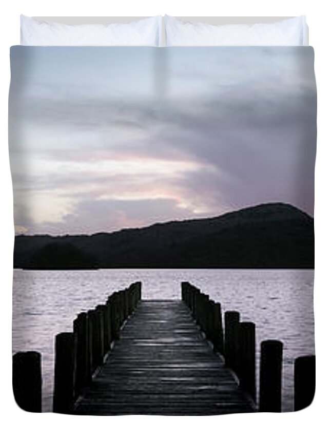 Panorama Duvet Cover featuring the photograph Coniston Water Boat Jetty Sunset Lake District by Sonny Ryse