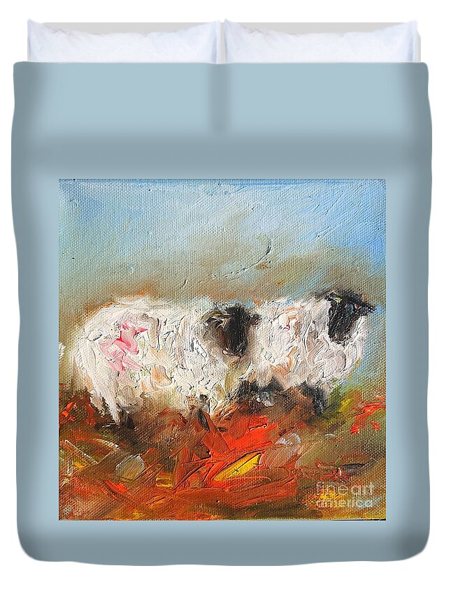 Sheep Duvet Cover featuring the painting Connemara sheep painting by Mary Cahalan Lee - aka PIXI