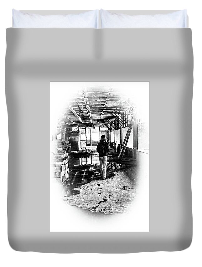 Black And White Duvet Cover featuring the photograph Construct/destruct by Geoff Jewett