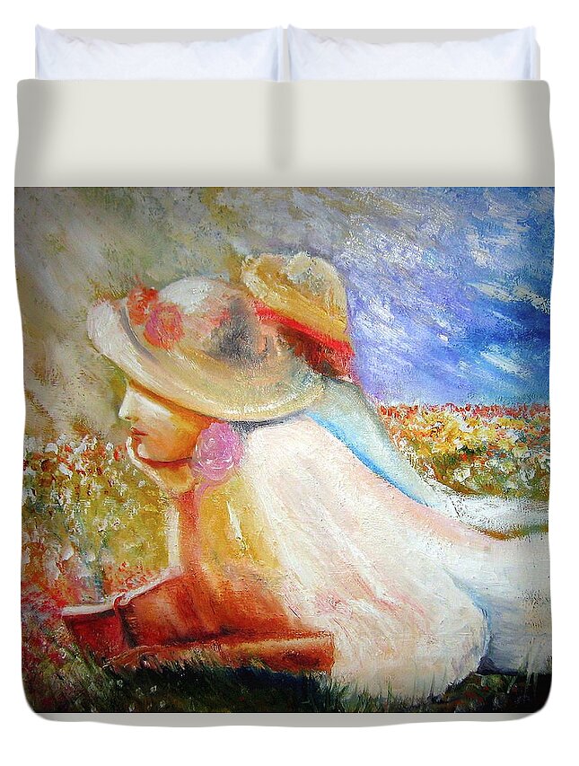 Fields Of Flowers Prints Duvet Cover featuring the painting Contemplation by Dalgis Edelson