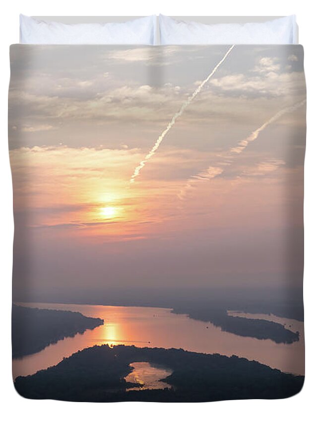 Contrail Duvet Cover featuring the photograph Contrails and Clouds - Ottawa River Sun Rise Painted by Airplanes by Georgia Mizuleva
