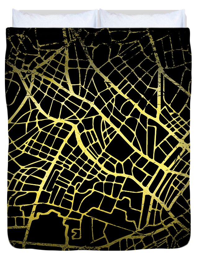 Map Duvet Cover featuring the digital art Copenhagen Map in Gold and Black by Sambel Pedes