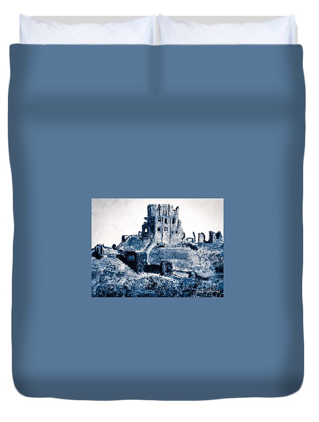 Corfe Castle Duvet Cover featuring the painting Corfe Castle by Denise Railey