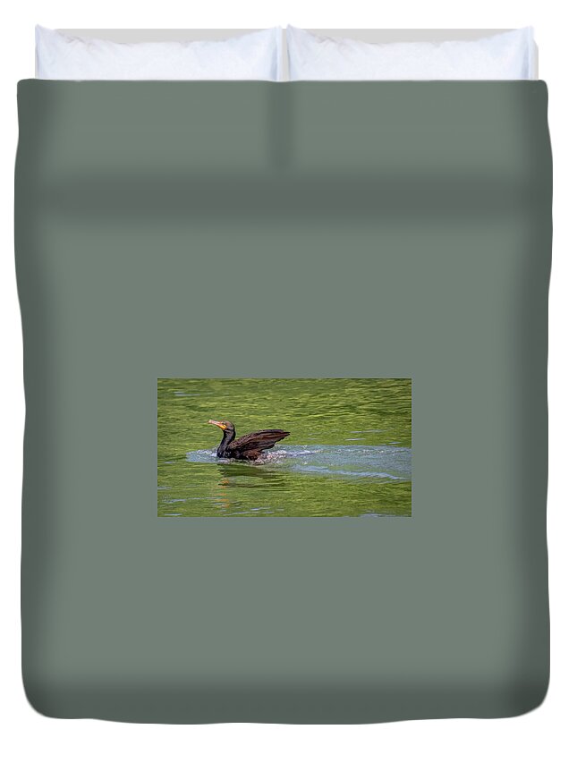 Cormorant Duvet Cover featuring the photograph Cormorant Strikes a Pose by Marcy Wielfaert
