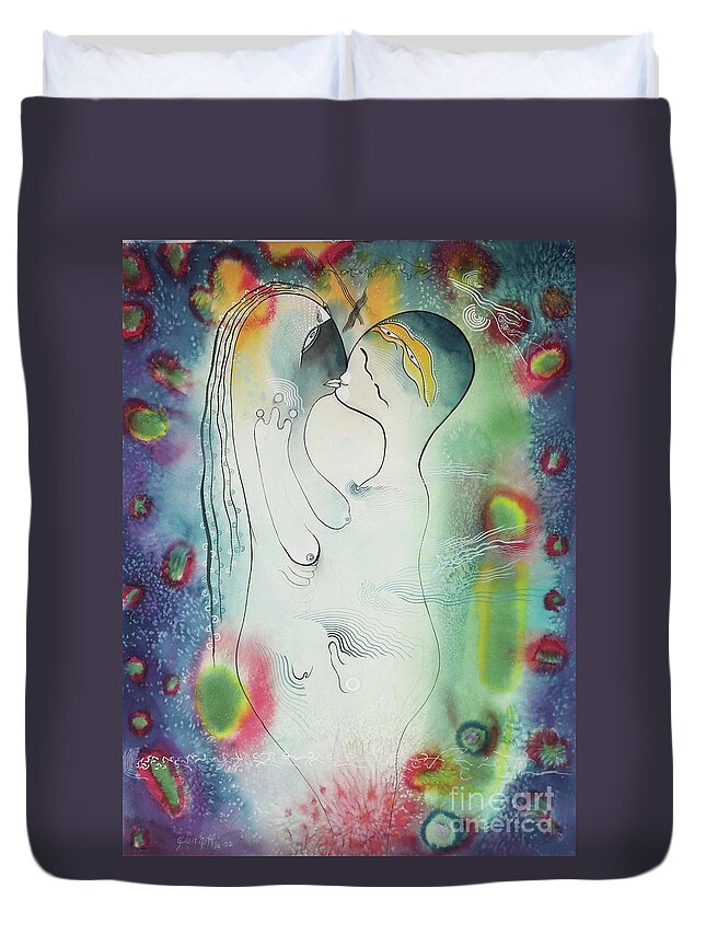 #cosmiclovers #watercolor #watercolorpainting #loversart #icons #iconseries #mysticart #symbolicart #glenneff #picturerockstudio #thesoundpoetsmusic #alienlovers Duvet Cover featuring the painting Cosmic Lovers by Glen Neff