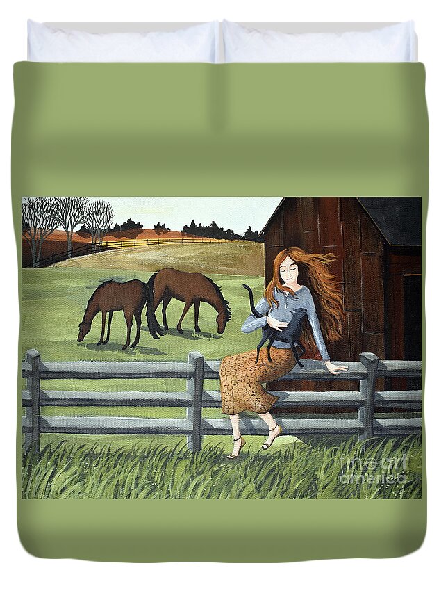 Country Duvet Cover featuring the painting Country Girl farm horse cat by Debbie Criswell