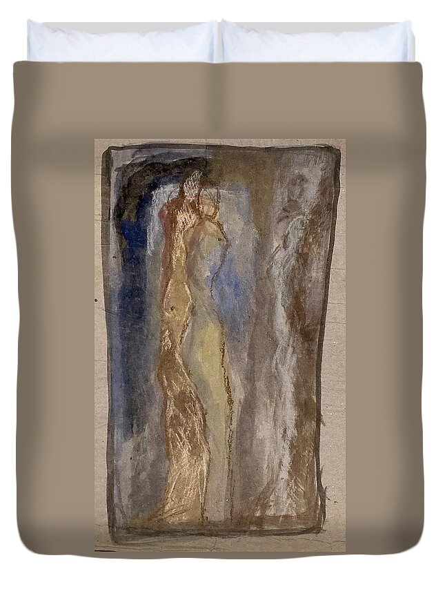 Paper Duvet Cover featuring the painting Couple in the mirror by David Euler
