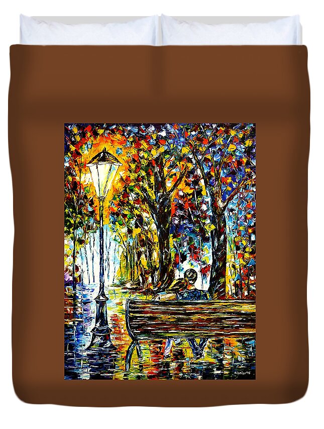 Lovers On A Bench Duvet Cover featuring the painting Couple On A Bench by Mirek Kuzniar