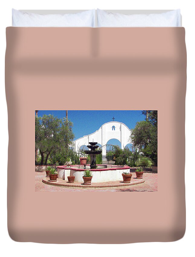 San Xavier Del Bac Mission Duvet Cover featuring the photograph Courtyard and Fountain by Jerry Griffin