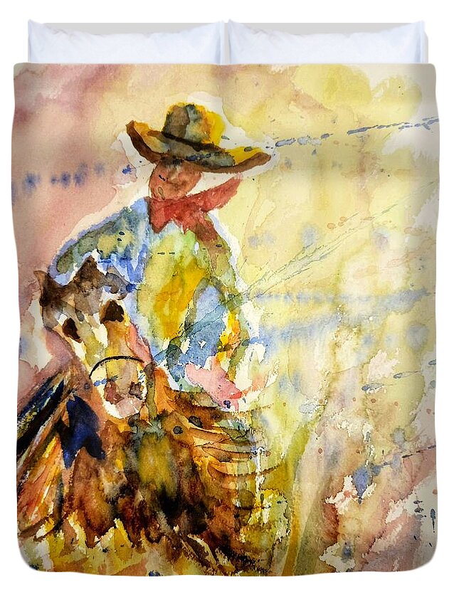 Wild Duvet Cover featuring the painting COWBOYS AND HORSES abstract by Shady Lane Studios-Karen Howard
