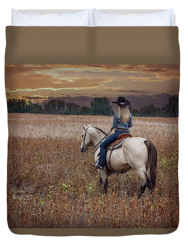 Cowgirl Duvet Cover featuring the photograph Cowgirl Sunset by Fon Denton