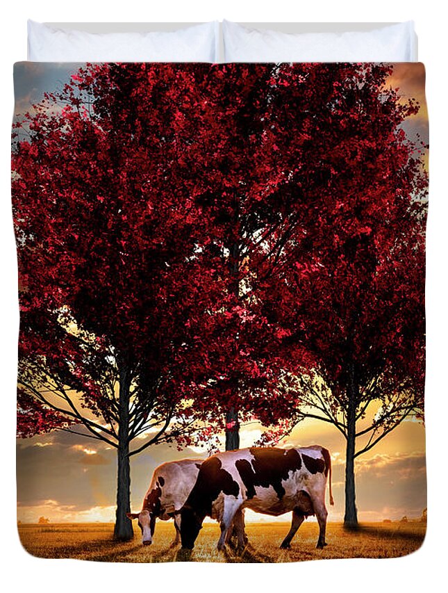 Animals Duvet Cover featuring the photograph Cows in Sunset Light Under the Trees by Debra and Dave Vanderlaan
